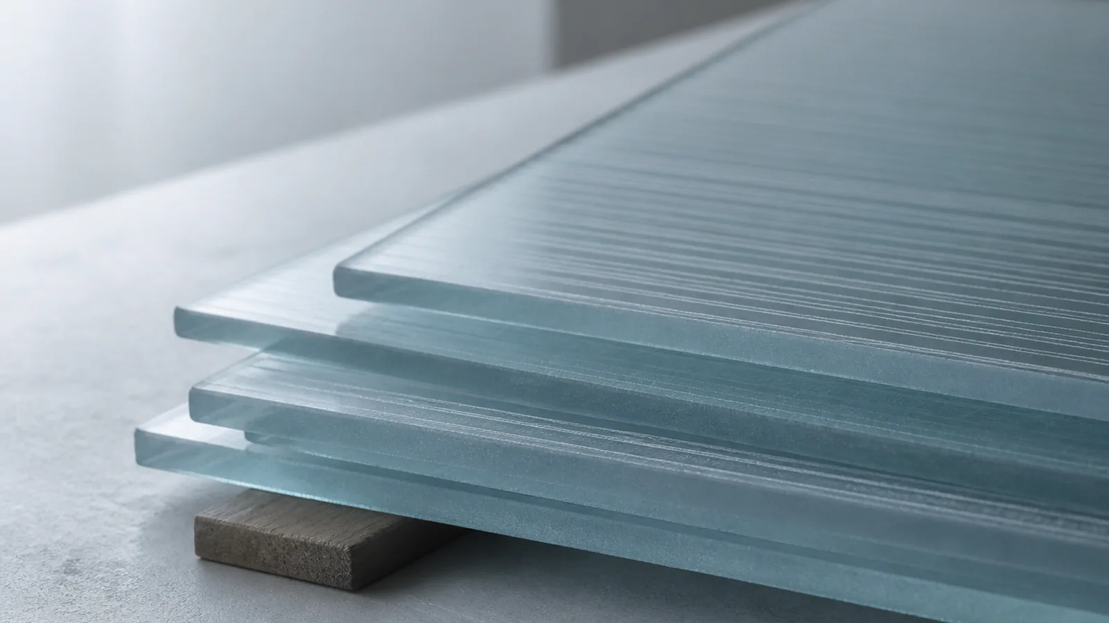 Several offset panes of pale blue-grey frosted glass stacked on a concrete surface in soft daylight, their etched edges reading as fine parallel lines, with one small warm brown timber shim propping the lowest pane.